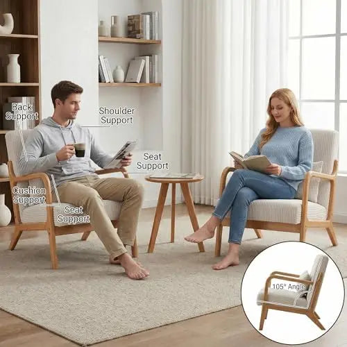 Mid Century Modern Accent Chairs Set of 2, Upholstered Fabric Armchairs with Lumbar Pillows and Solid Rubberwood Frame