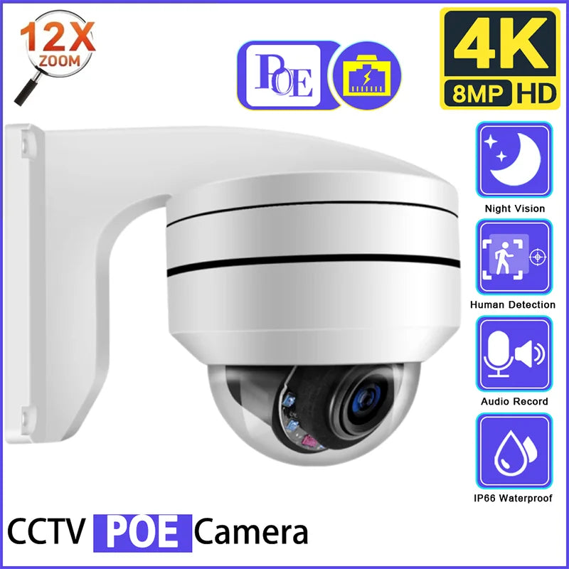 4K 8MP Outdoor POE PTZ IP Camera 12X Optical Zoom CCTV Surveillance Camera 100m IR Night Vision AI Human Detection RTIF ONVIF