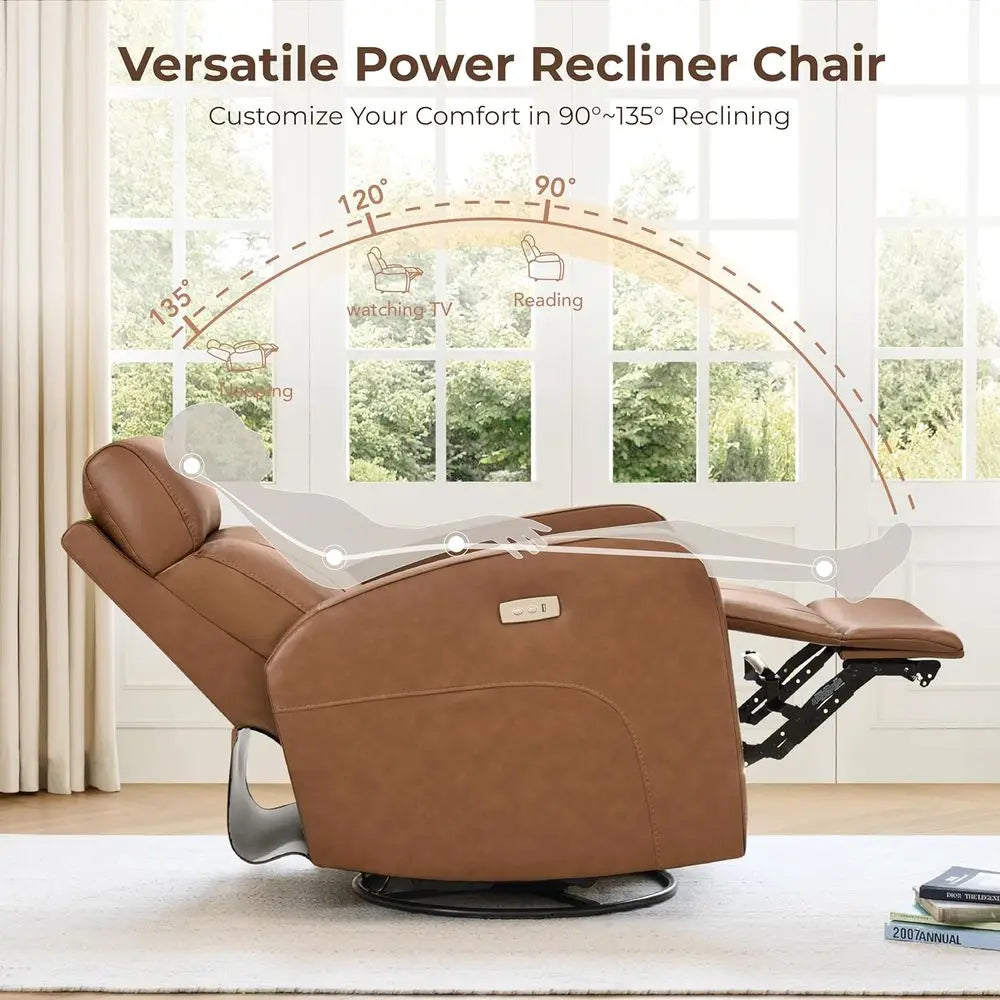 Camel Brown Genuine Leather Power Recliner for Adults and Electric Swivel Glider for Nursery, Living Room