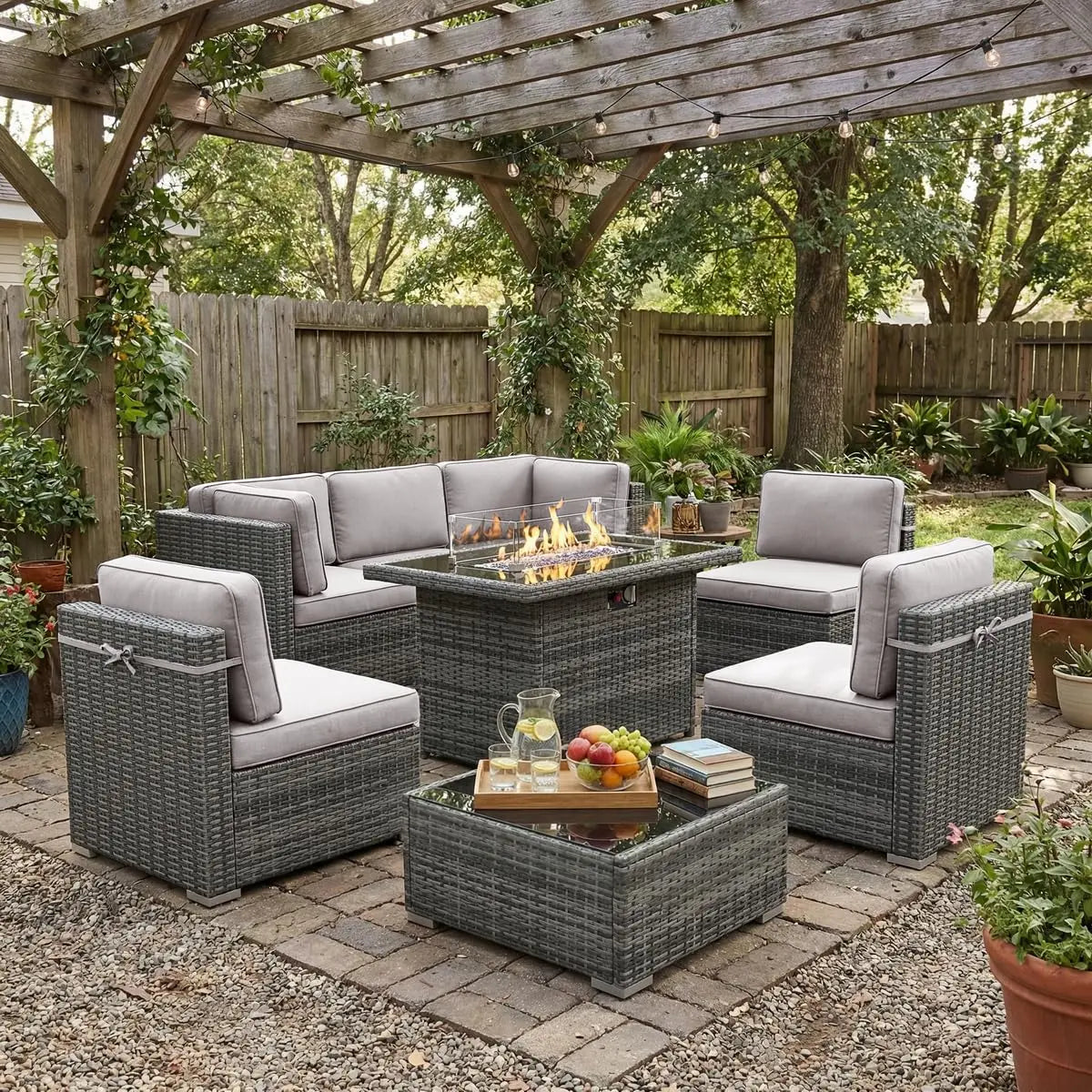 8 Piece Patio Furniture Set with 44" Propane Gas Fire Pit Table, Outdoor Sectional Conversation Set Wicker Rattan, Customized