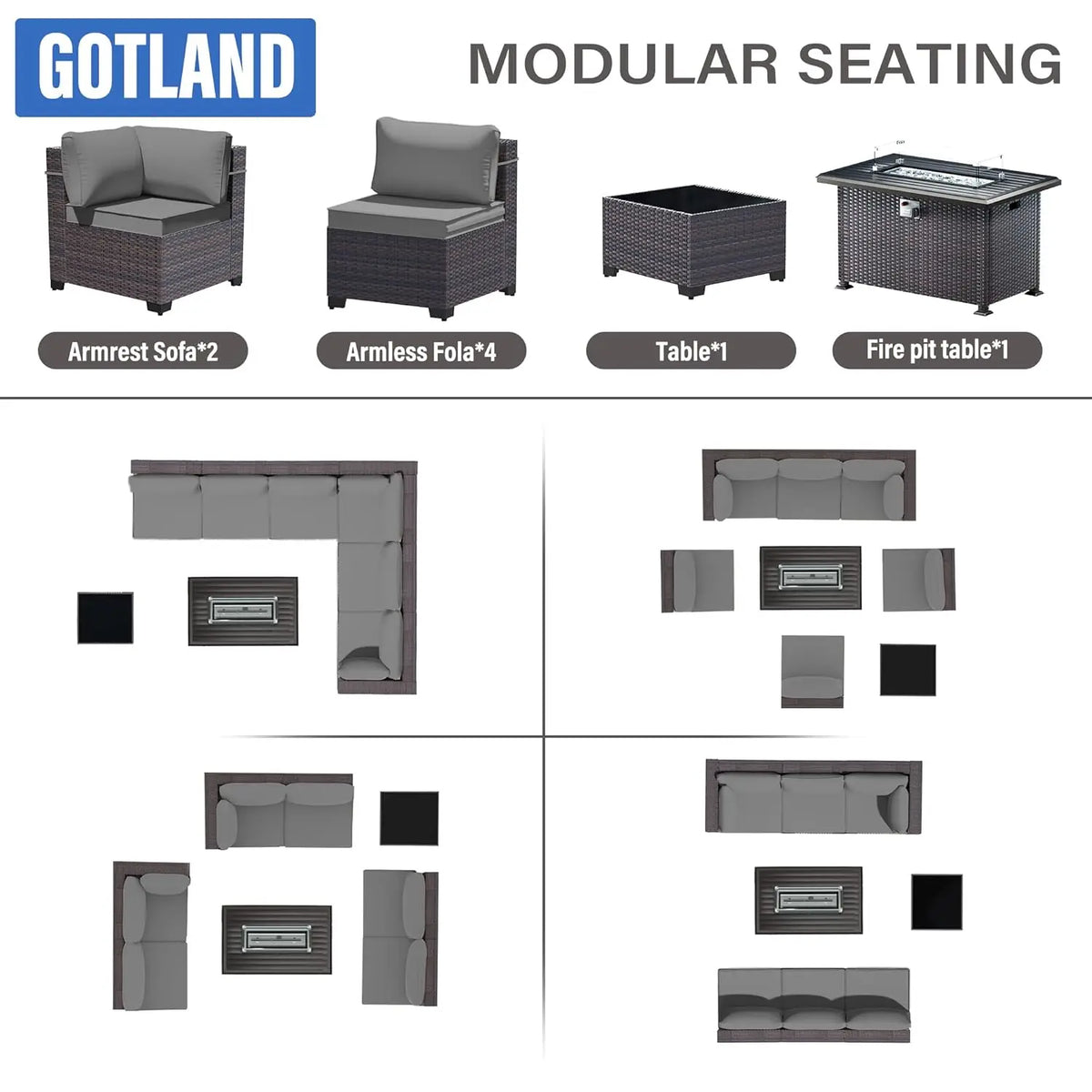 8 Pieces Patio Furniture Set with Fire Pit Table, All Weather Rattan Outdoor Furniture with 29.5'' High Backrest, Customized