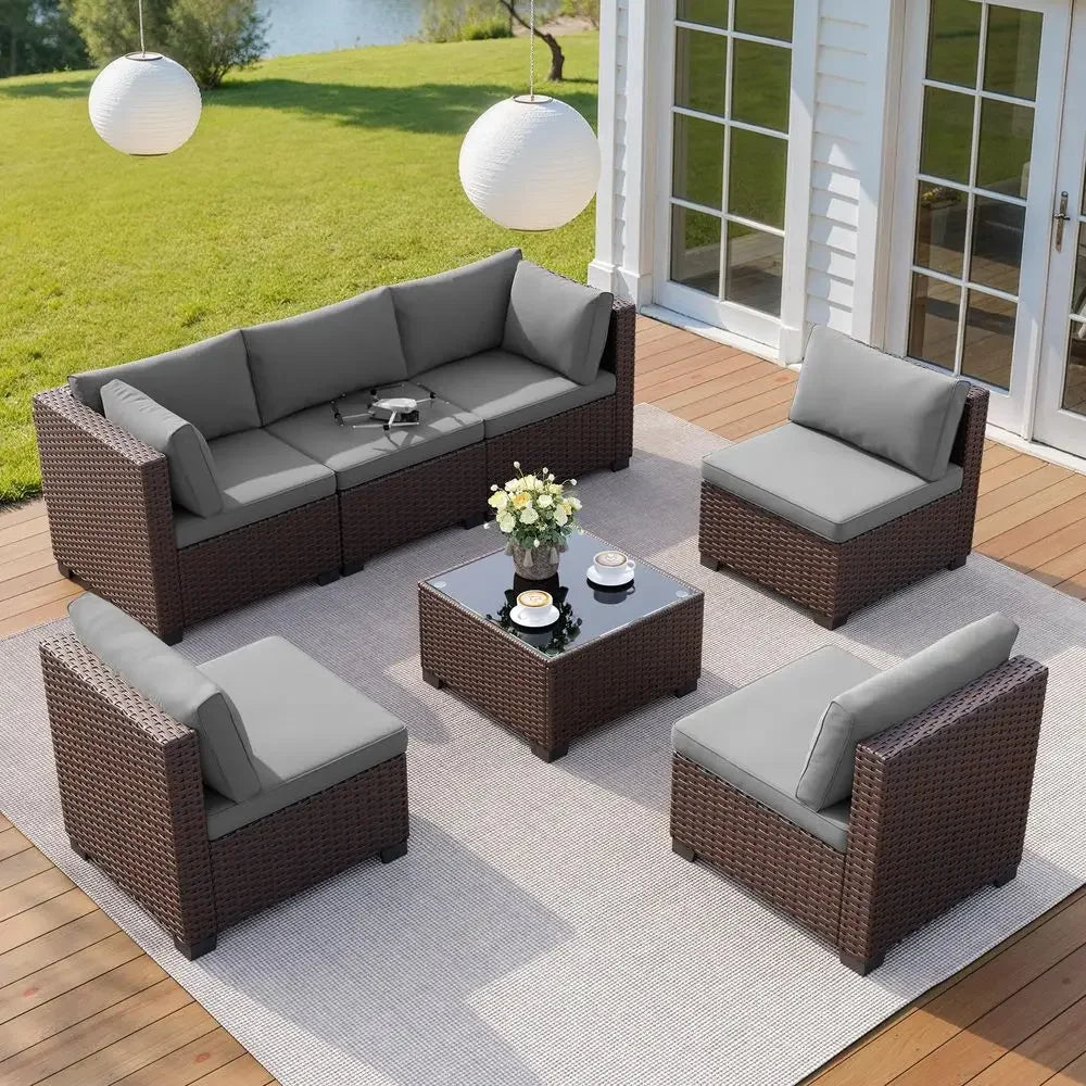 7 Pieces Outdoor Patio Furniture Set, PE Rattan Outdoor Wicker Sectional Furniture Sofa Set, with Cushions and Glass Coffee Tab