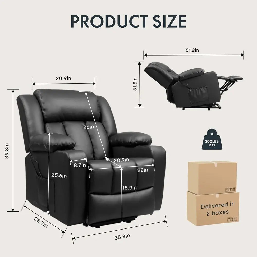 XL31 Power Lit Recliner Chair or Elderly, Electric Lit Chair with Massage & Heat, PU Leather Reclining Soa w/Cup Holders, Side k