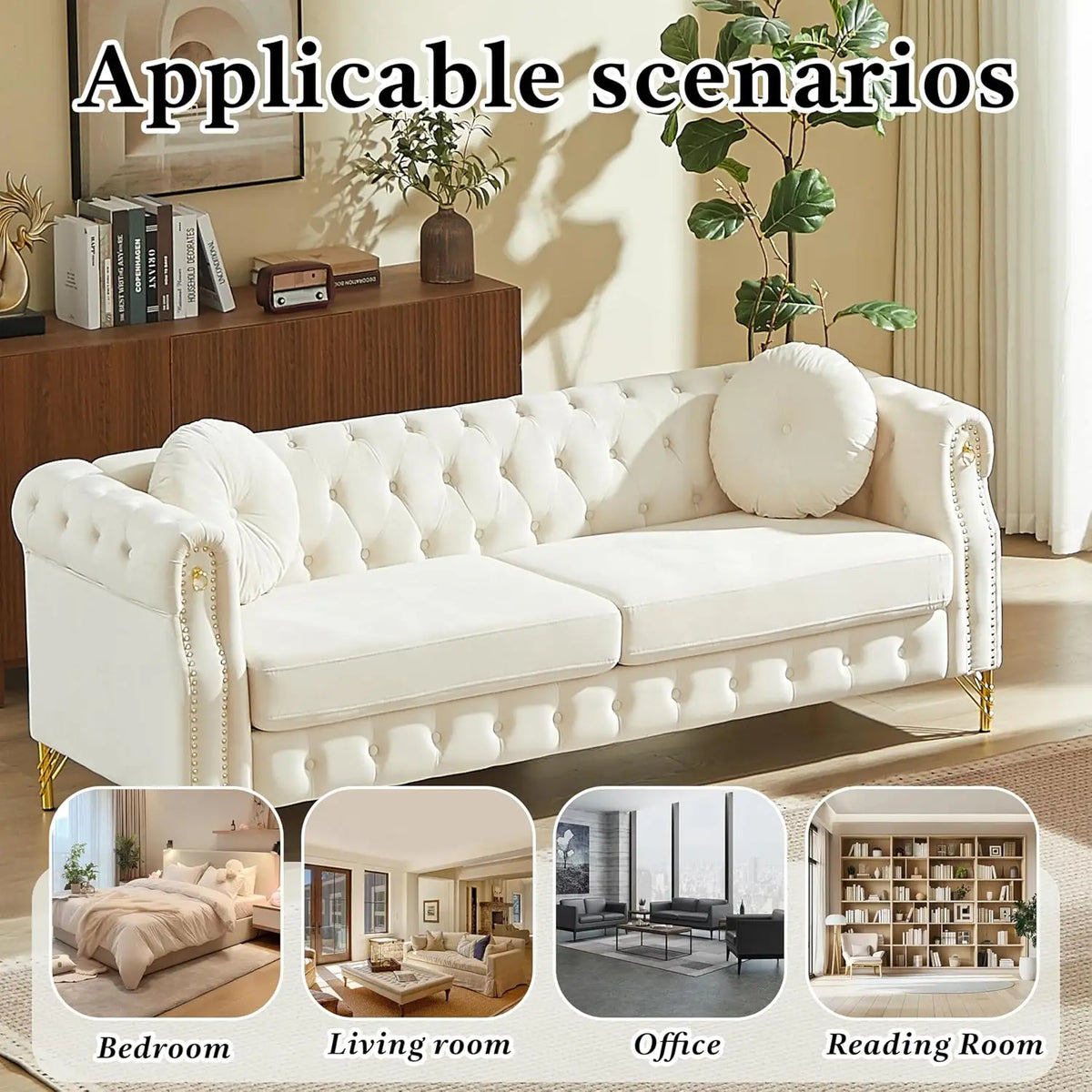 82" Beige 3-Seater Velvet Sofa with Pillows & Copper Studs, Living Room Furniture, Customized