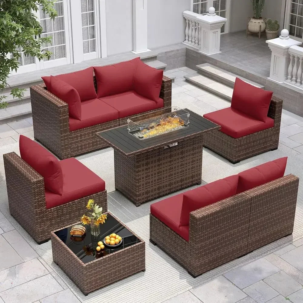 Outdoor Patio urniture Set with ire Pit Table, 8 Piece Outdoor Sectional Soas, All-Weather Wicker Patio Contion Set or Garden, B