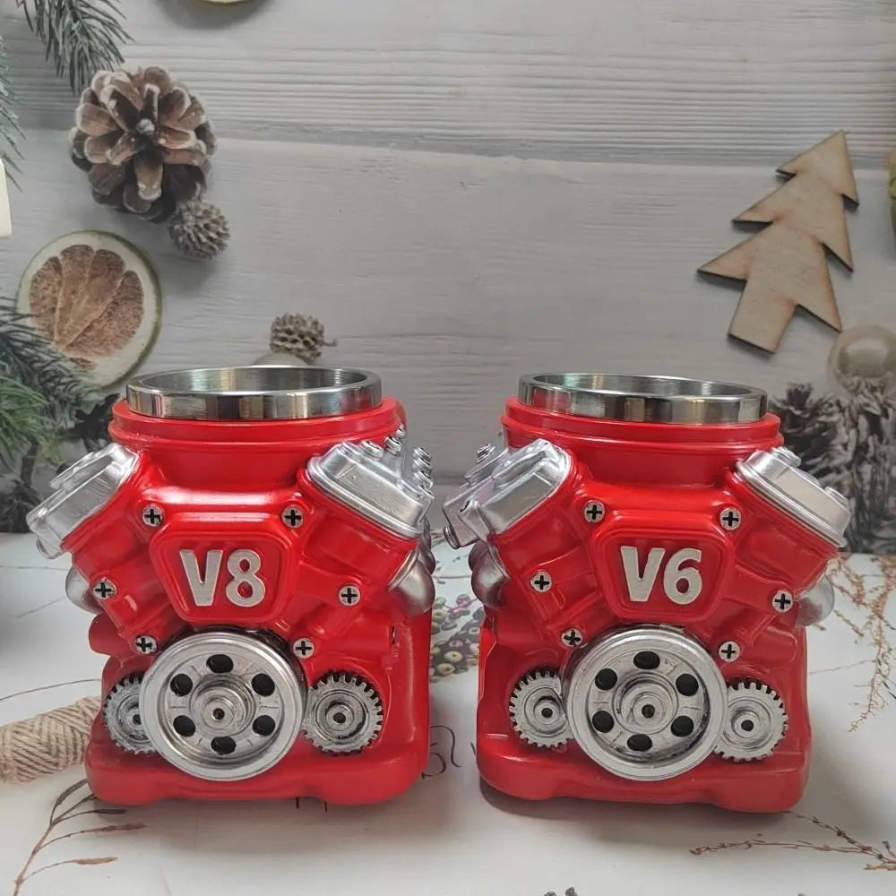Retro Engine Coffee Mug with Handle 300ML 15oz V6 Engines Stainless Steel Cup Realistic Design Double Wall Insulation Car Mug