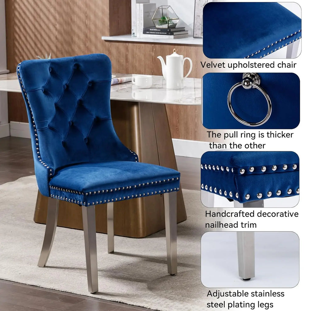 47" Round Farmhouse Dining Table Set, White Faux Marble with 4 Blue Velvet Chairs, Wooden Kitchen & Dining Furniture, Customized