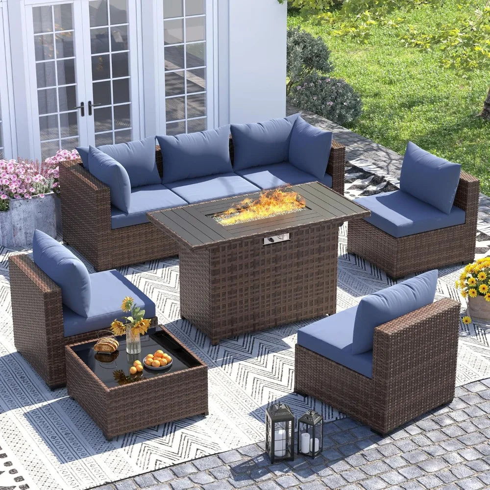 8-Piece Wicker Patio Furniture Set with 44" Fire Pit Table for Outdoor Garden, Custom