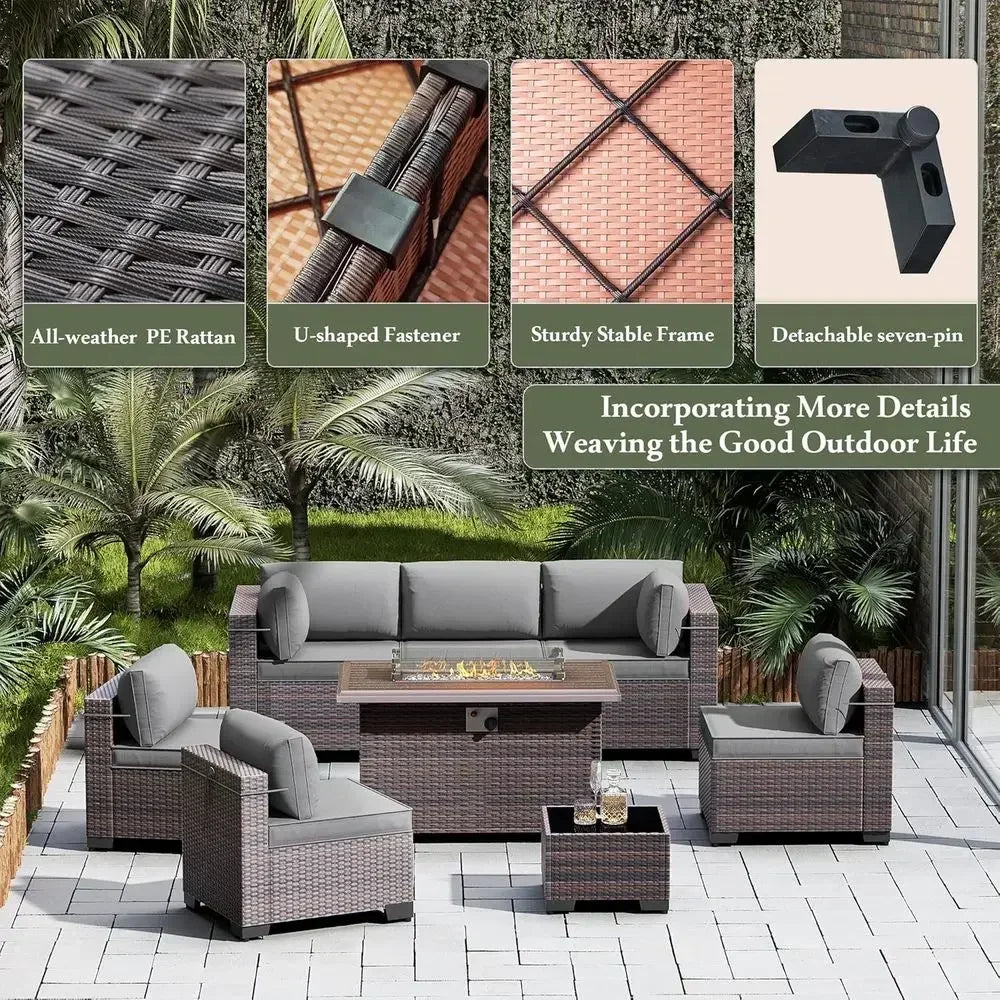 10 Pieces Outdoor Patio urniture Set,Outdoor Sectional urniture with 43" 55000 Gas Propane ire Pit Table,All Weather PE Rattan W