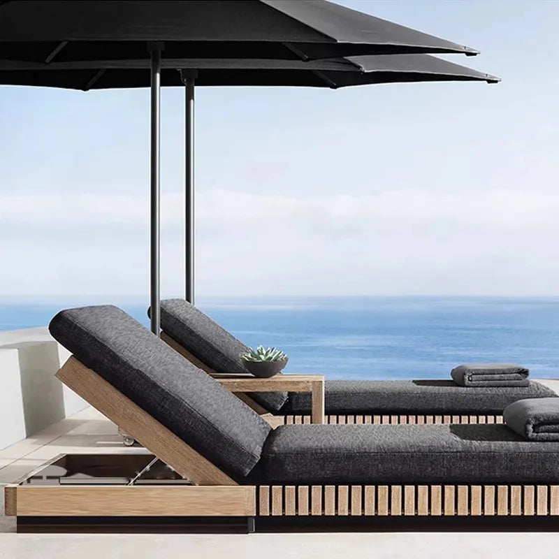 Nordic Solid Wood Outdoor Sofa Set, Luxury Waterproof Sunproof Patio Furniture, Balcony and Garden Leisure Recliner for Villa