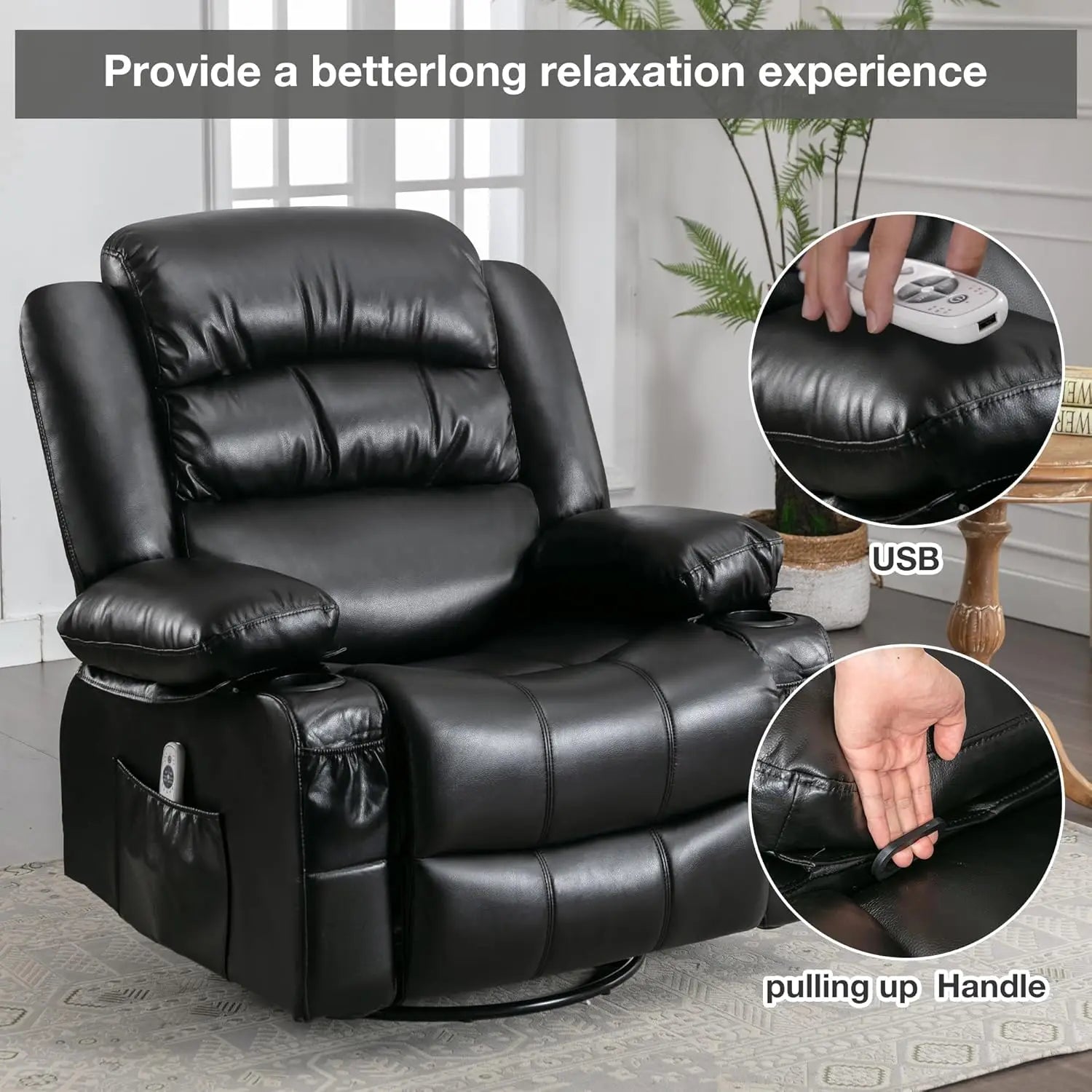 Oversized Massage Swivel Recliner Chair with Lumbar Heating  Rocker Recliner Single Sofa