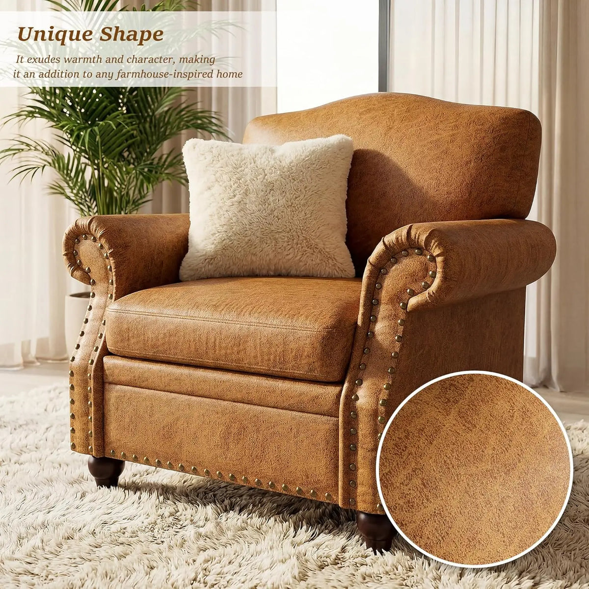 Faux Leather Accent Chairs Set of 2 with Rivet Design, Living Room Arm Chair with Rolled Arms and Nailhead, Large, Customized
