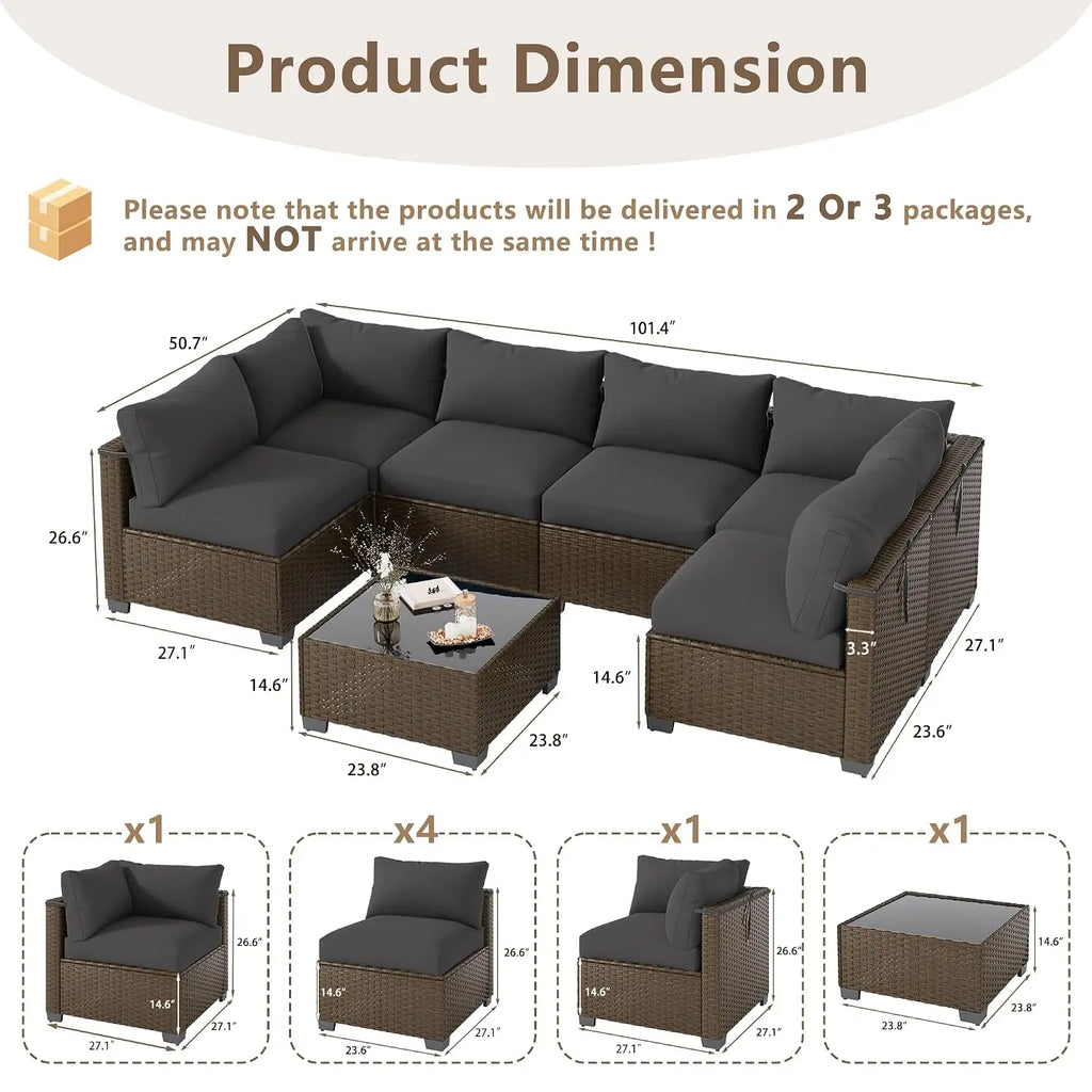 7 Piece Wicker Rattan Patio Conversation Set, Outdoor Sectional Sofa, Custom