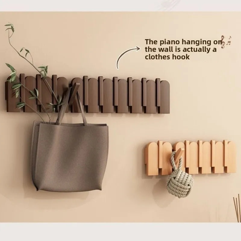 Piano Key Hanging Rack - Wall-Mounted Wooden Hook with Multiple Compartments for Clothes, Hats, Bags, Entryway Organizer