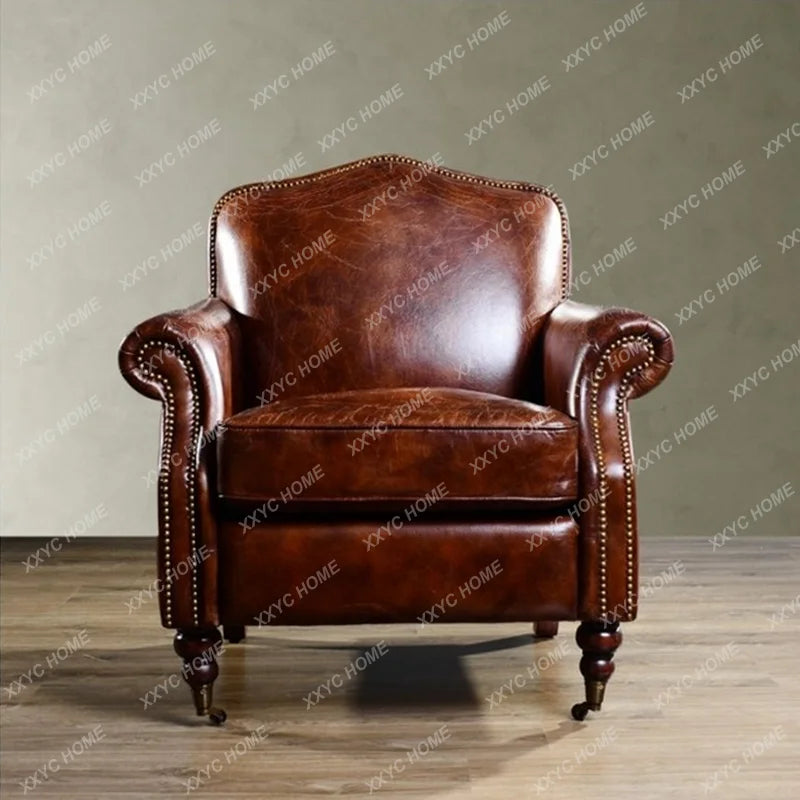 TT retro first-layer cowhide single sofa study sofa