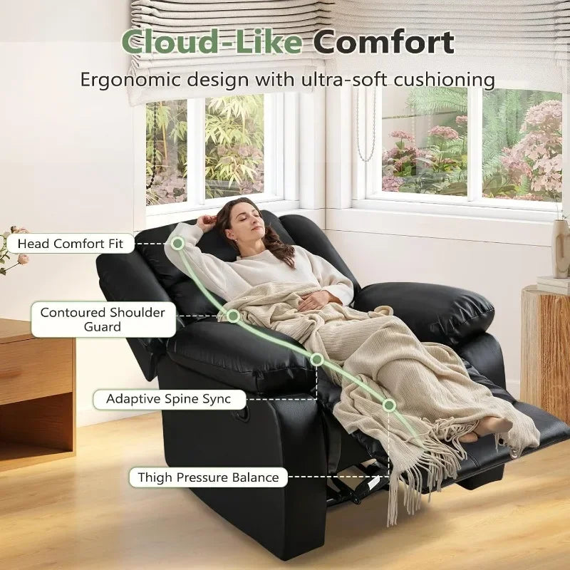 ANJ Black Recliner Chair with Overstuffed Arm and Back, Breathable Faux Leather Manual Reclining Chairs, Living Room Single