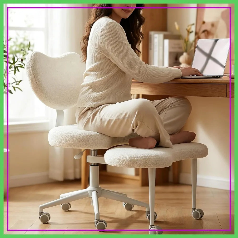 Cross Legged Chair with Wheels, Ergonomic Office Chair for ADHD, Height Adjustable, Lumbar Support, Teddy Fabric, Ivory