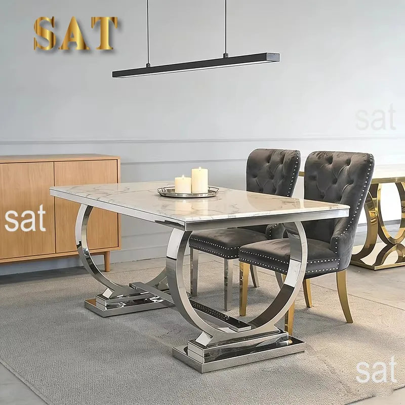 # Factory Wholesale Solid Marble Dining Table with Silver Circle Decorations