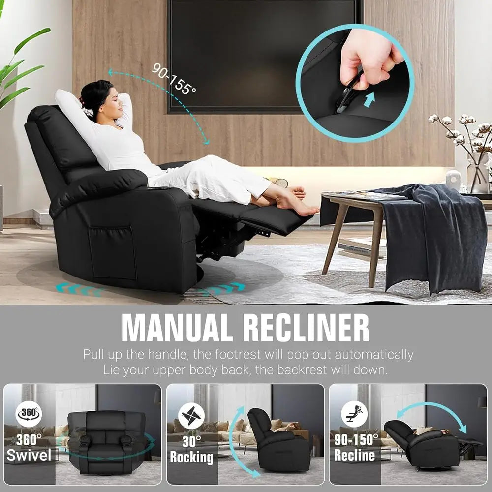 Rocking Recliner Chair, Massage Rocker Recliner Chair with Vibration Massage and Heat, 360° Swivel aux Leather Chairs, Living Ro