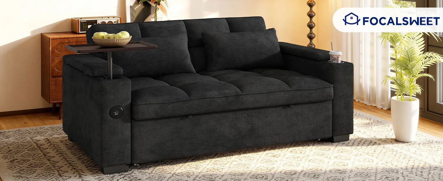 65" 3-in-1 Folding Convertible Sofa Bed with 360° Swivel Side Table, Pull Out Couch USB Charging, Modern Corduroy Chenille, Black