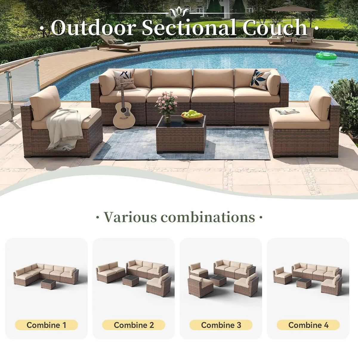Wicker Rattan Patio Furniture Set,Conversation Sofa,for Backyard&Garden,7‑Piece, Custom