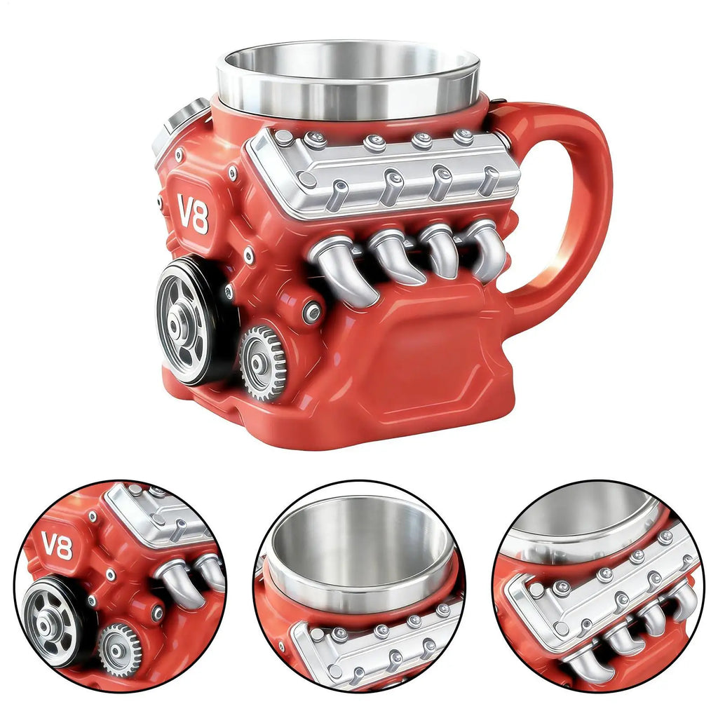 V8 Engines Stainless Steel Coffee Mug Funny V8 Car Engine Design Mug Coffee Cup Cocktail Mug Tea Cup For Car Enthusiasts
