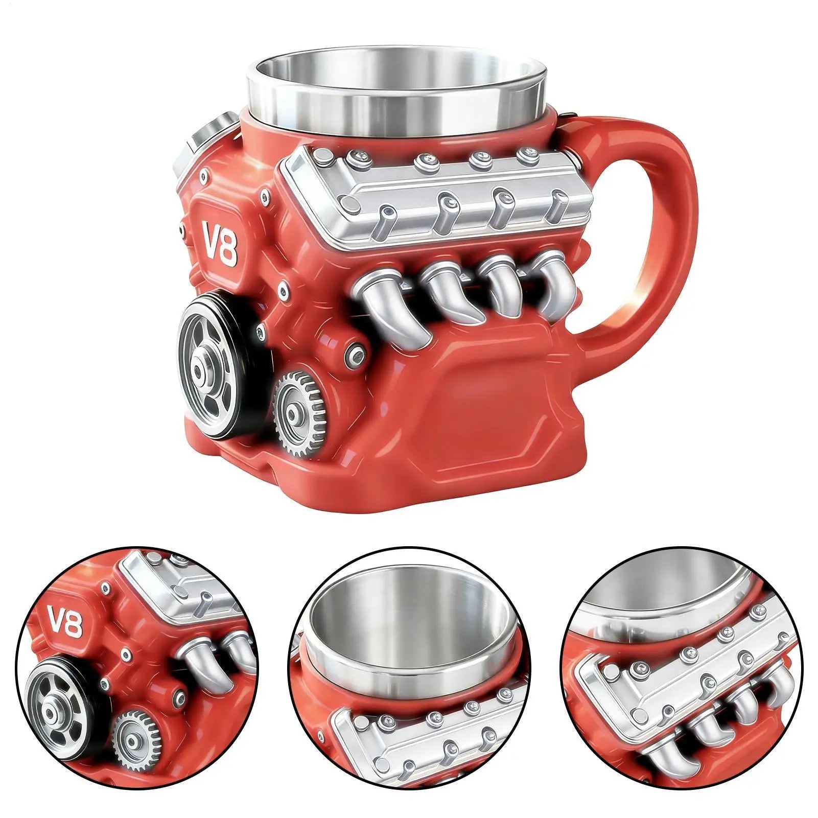 V8 Engines Stainless Steel Coffee Mug Funny V8 Car Engine Design Mug Coffee Cup Cocktail Mug Tea Cup For Car Enthusiasts