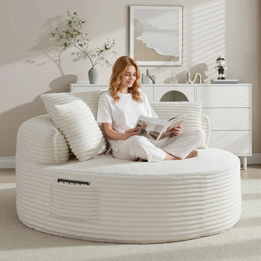 Oversized Round Lounge Chair Indoor, Corduroy Upholstered Deep Seat Cloud Circle Sofa Chair, Fluffy Boneless Sleeper Chair for R