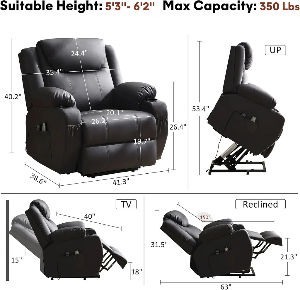 Power Lift Recliner Chair with Massage & Heat for Elderly, 26" Wide Electric Recliner with Cup Holders, Black