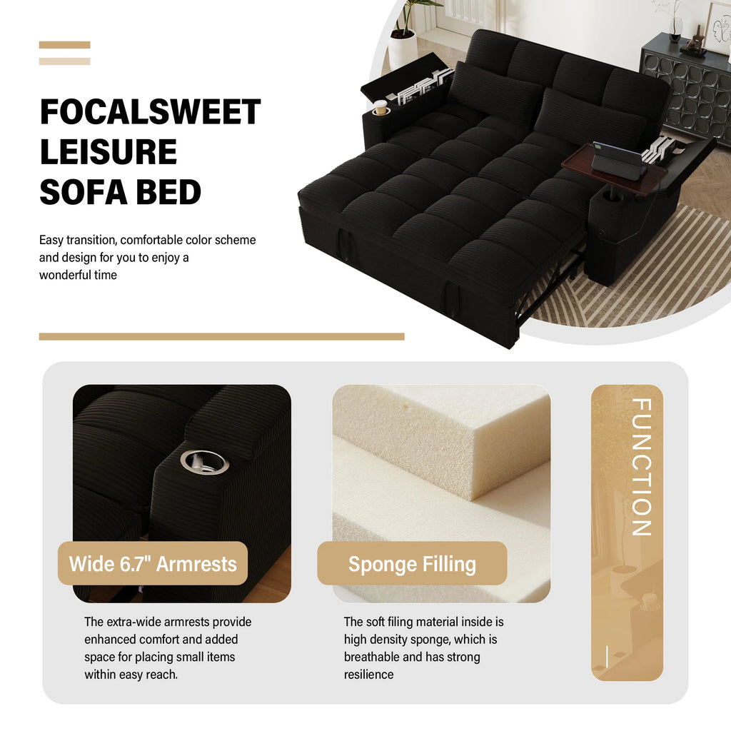 65" 3-in-1 Folding Convertible Sofa Bed with 360° Swivel Side Table, Pull Out Couch USB Charging, Modern Corduroy Chenille, Black