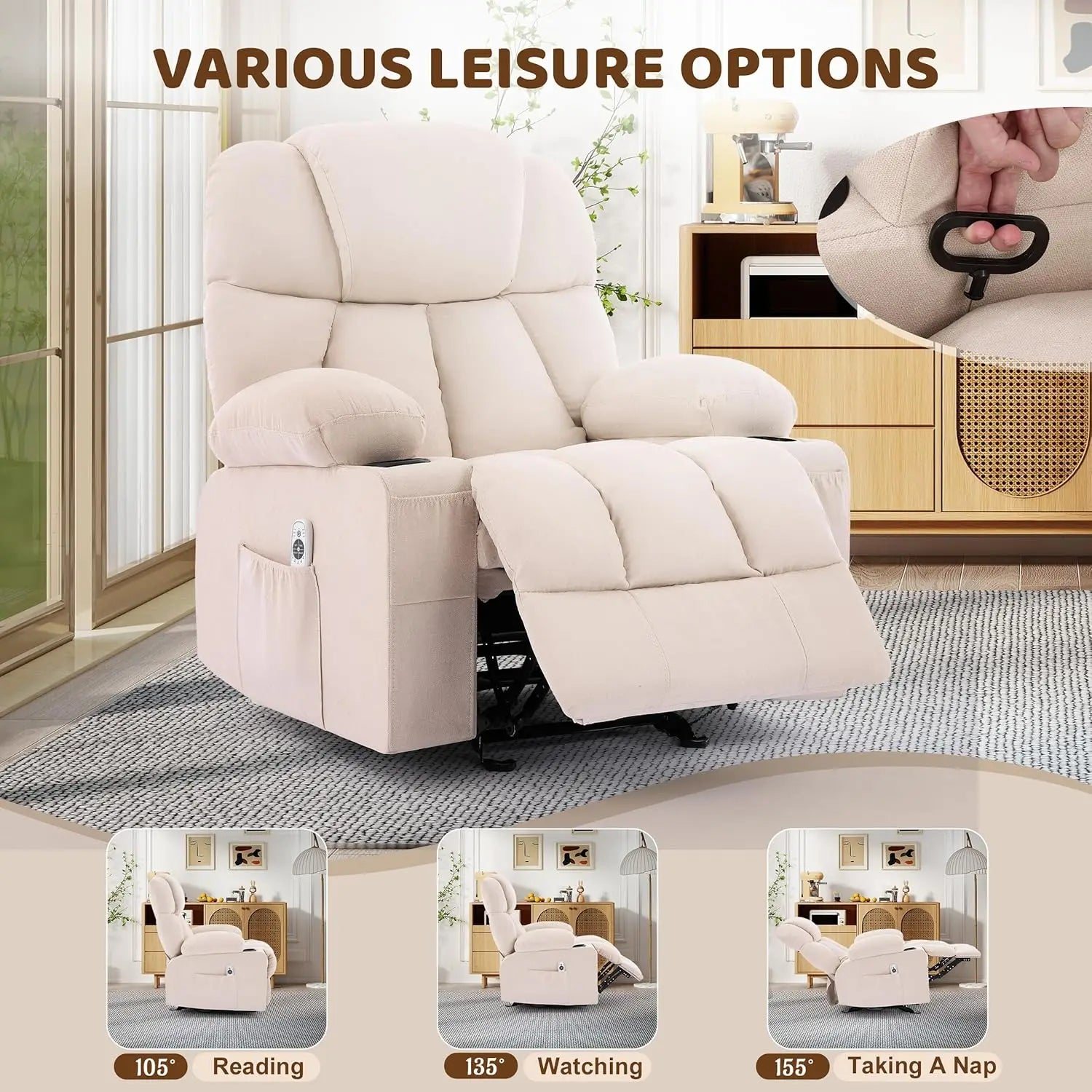 Massage Rocker Recliner Chair with Heat & Vibration Nursery Glider 4 Pockets 2 Cup Holders Fabric Beige, Customized