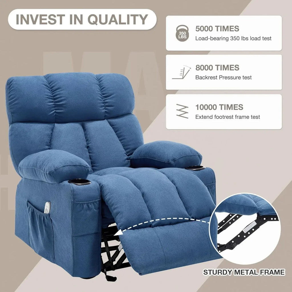 Blue Ergonomic Rocking Recliner Chair Heat Vibration Comfy Lounge Living Room 4 Side Pockets 2 Cup Holders