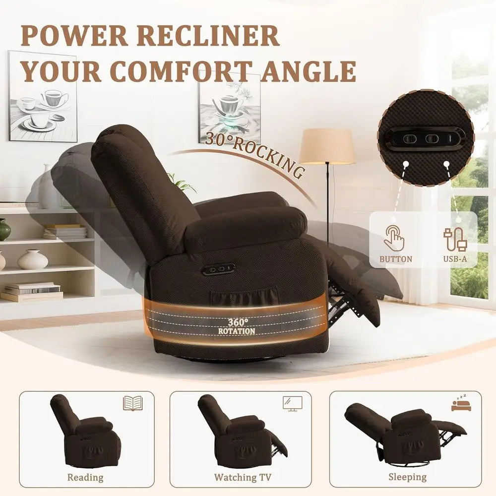 Adult Ergonomic Swivel Rocker Recliner with Heat and Massage for Living and Bedroom Spaces
