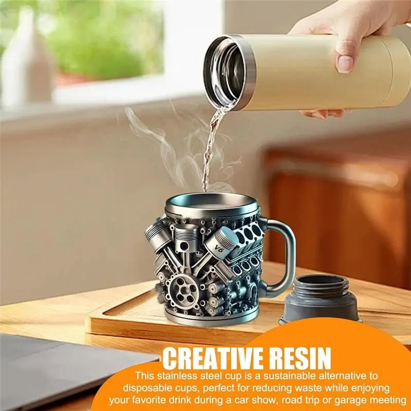 AD-V6 Engines Stainless Steel Cup Coffee Mug Car Engine Coffee Cup With Insulated Handle For Car Lovers Gift