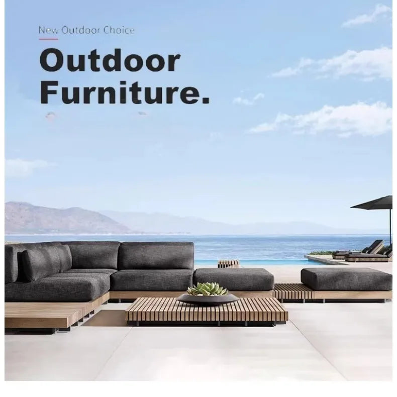 Nordic Solid Wood Outdoor Sofa Set, Luxury Waterproof Sunproof Patio Furniture, Balcony and Garden Leisure Recliner for Villa