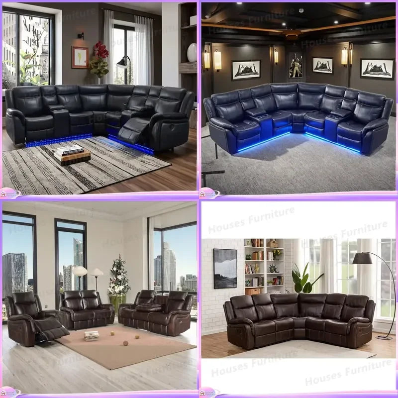 Modern Luxury Leather Recliner Sofa Set with USB Charging Port Retractable Comfortable Living Room Furniture for