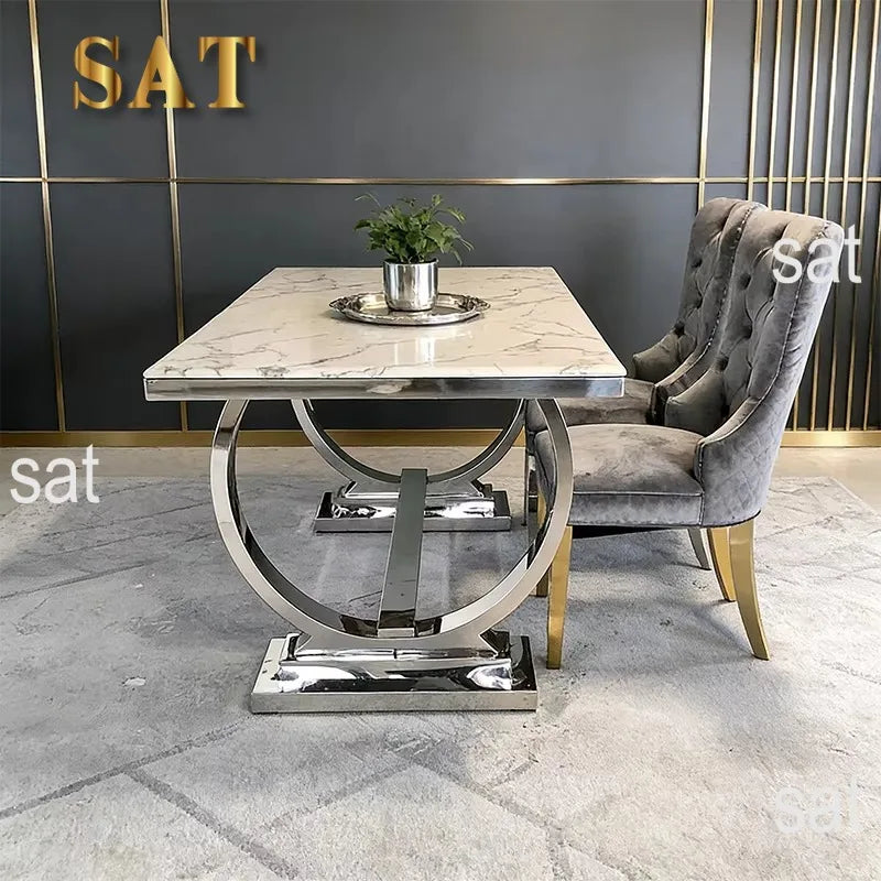 # Factory Wholesale Solid Marble Dining Table with Silver Circle Decorations
