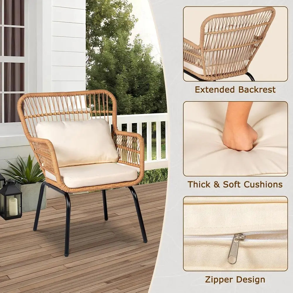 3-Piece Outdoor Wicker Bistro Set with 2 Rattan Chairs and Tempered Glass Table for Patio, Balcony, Poolside, and Backyard in Be