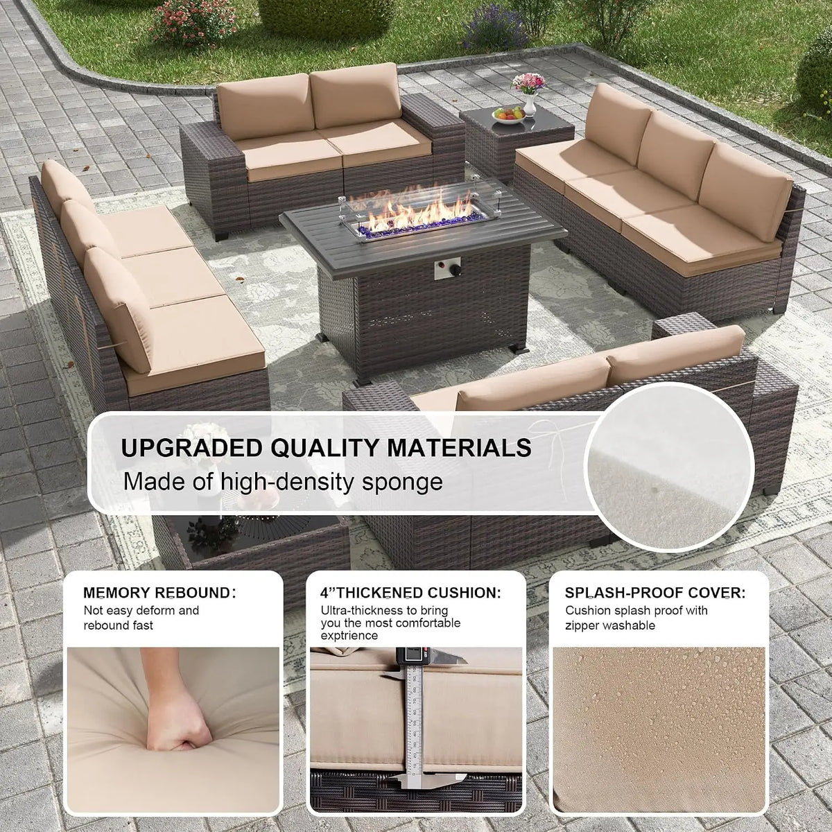 13 Piece Outdoor Wicker Patio Furniture Set with Fire Pit Table, Customized