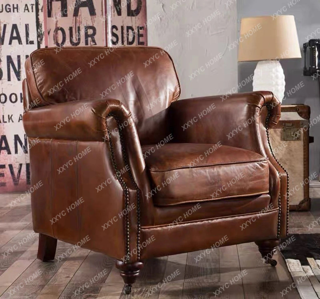 SS Medieval classic leather single sofa oil wax leather cigar chair living room cigar bar  retro sofa chair