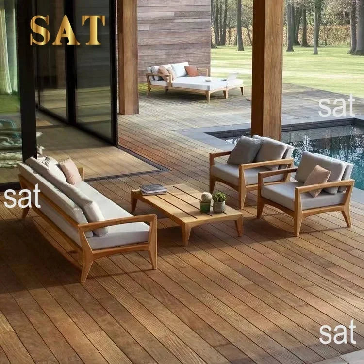 #Modern Teak Wood Outdoor Sectional Sofa Set Modular Eco-Friendly Durable Quick-Dry Waterproof Cushions for Garden Courtyard Use