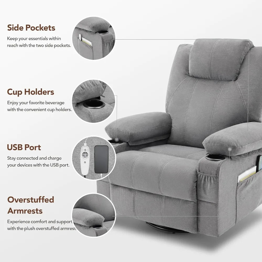 Rotating Joystick Lounge Chair with Heating and Massage, 360 Degree Rotating Lounge Chair with Cup Holder and USB Port