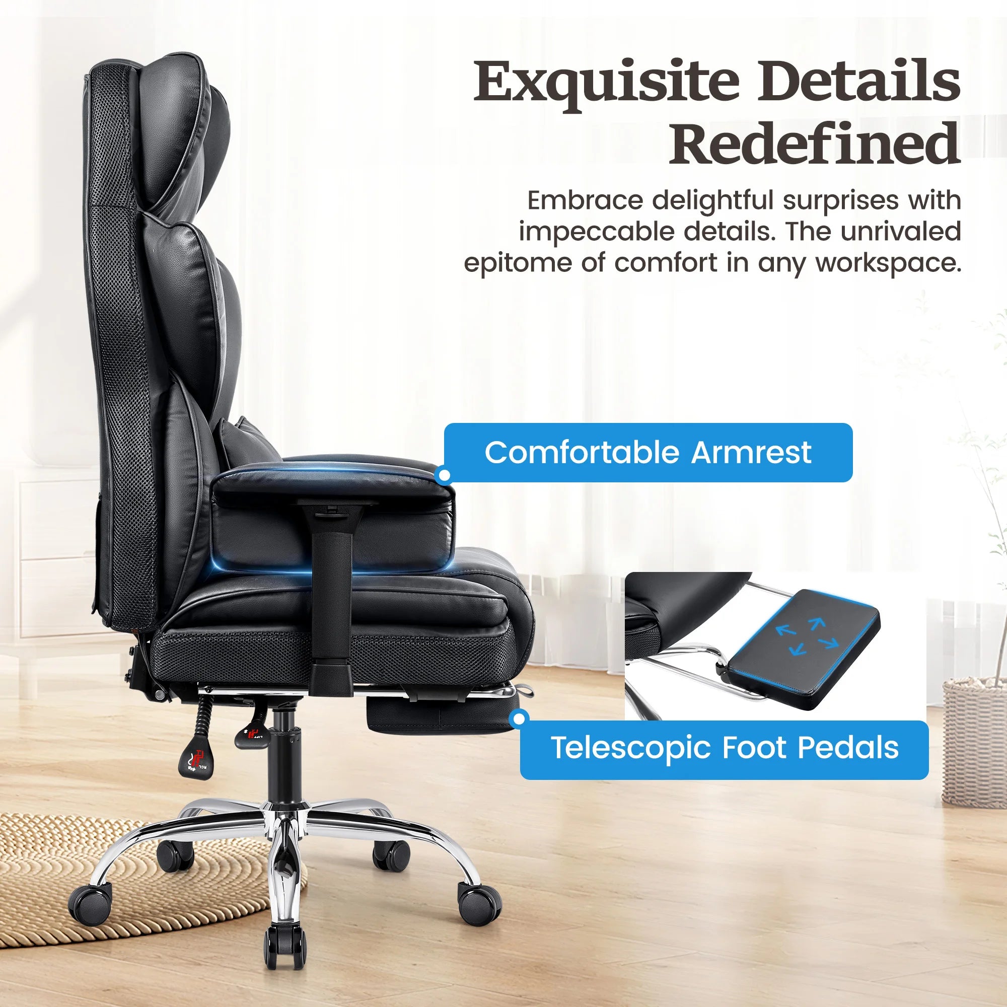 KERDOM Big and Tall Gaming Chair 500lbs Wide Seat and Footrest, Ergonomic Chair with Pocket Spring Cushion and Armrest, Metal Base & Quiet Rubber Wheels, Leather Office Chair with Adjustment Headrest and Lumbar Support for Lo