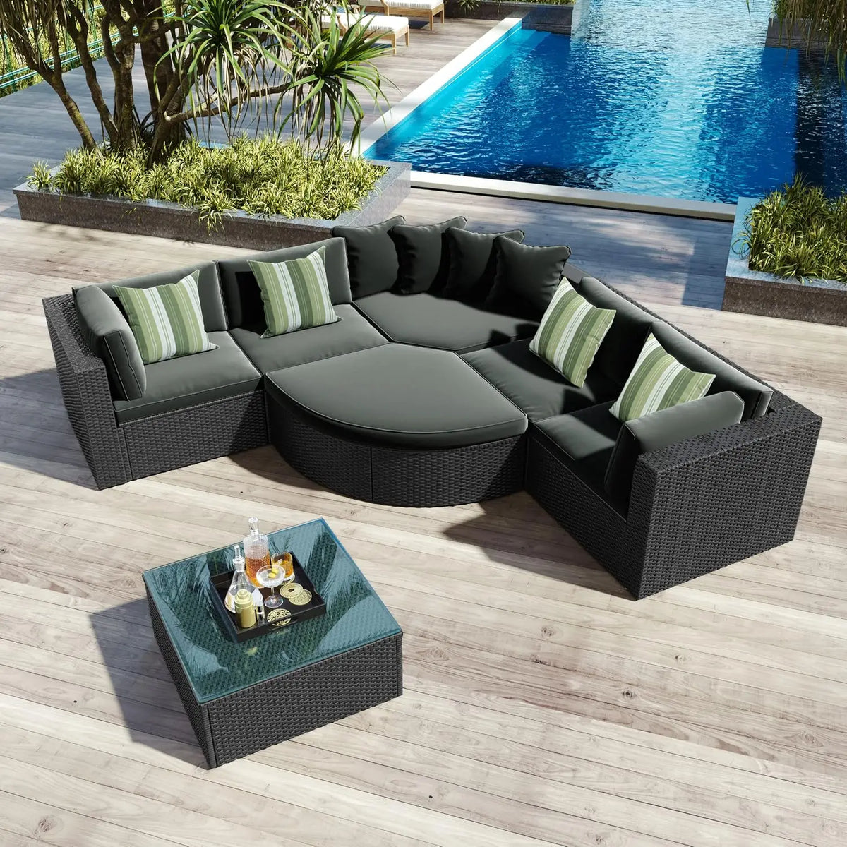7 Piece Outdoor Patio Furniture Sofa Sets,All Weather Rattan Conversation Sofa Set with Striped Green Pillows/Tempered, Custom