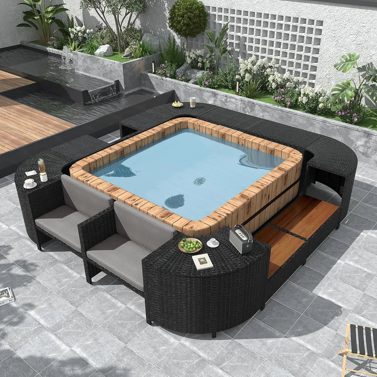 7 Piece Outdoor Patio Furniture Sofa Sets,All Weather Rattan Conversation Sofa Set with Striped Green Pillows/Tempered, Custom