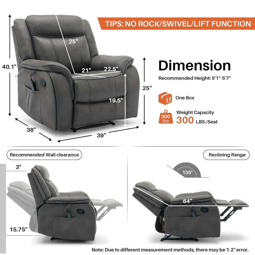 39" Wide Manual Massage Recliner with Heat, Faux Leather Ergonomic Lounge Chair, Overstuffed Wall Hugger for Living Room, Custom