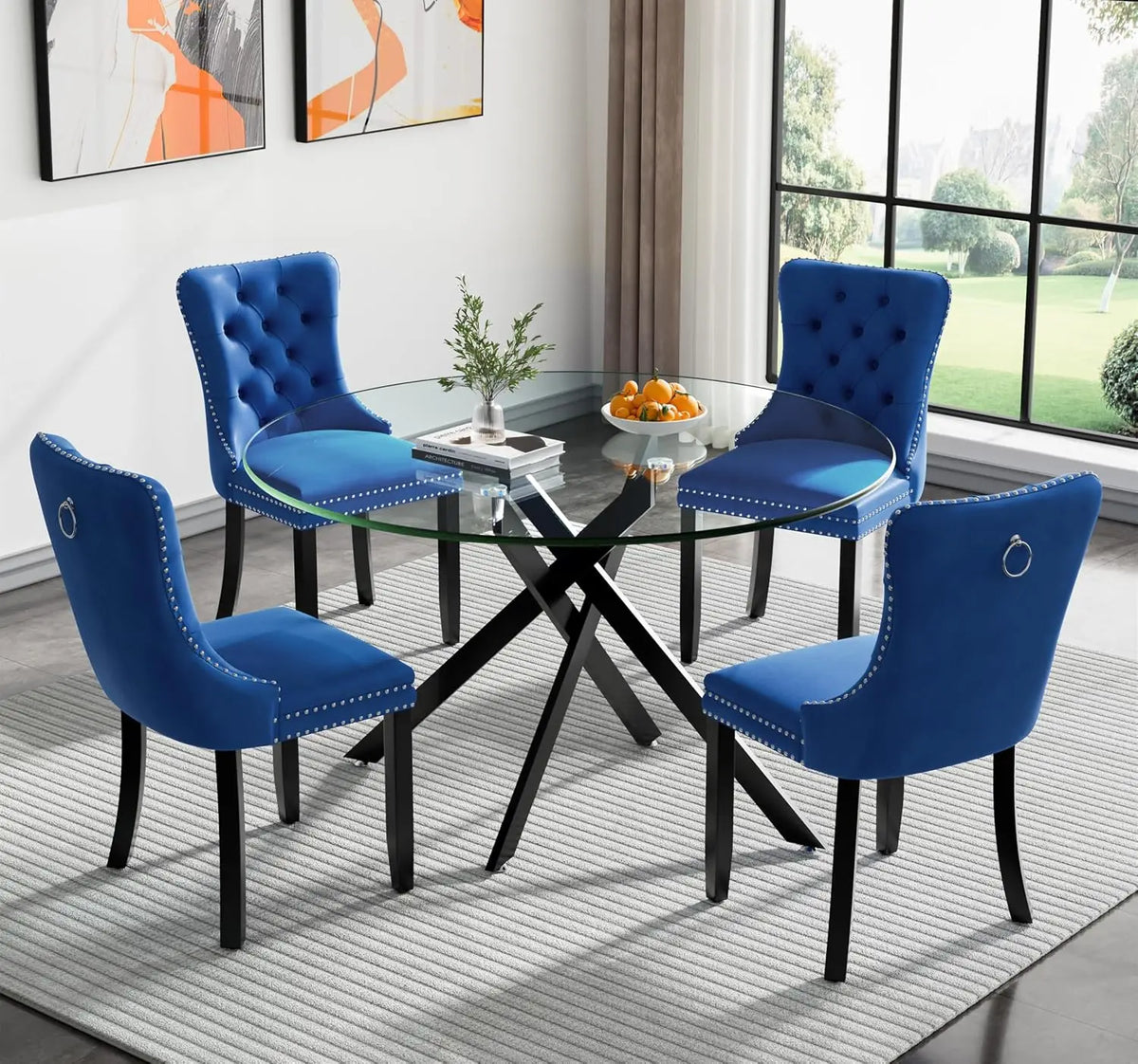 5-Piece Round Glass Dining Table Set for 4, 47.2" Circle Table with 4 Tufted Chairs for Kitchen Home Office, Customized