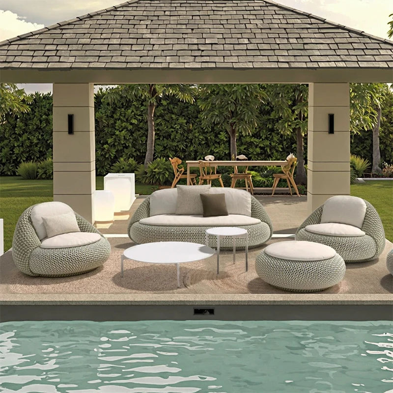 Weather-Resistant PE Wicker Sofa Set - Outdoor Rattan Patio Furniture with Coffee Table Ottoman, Deep Gray Cushions