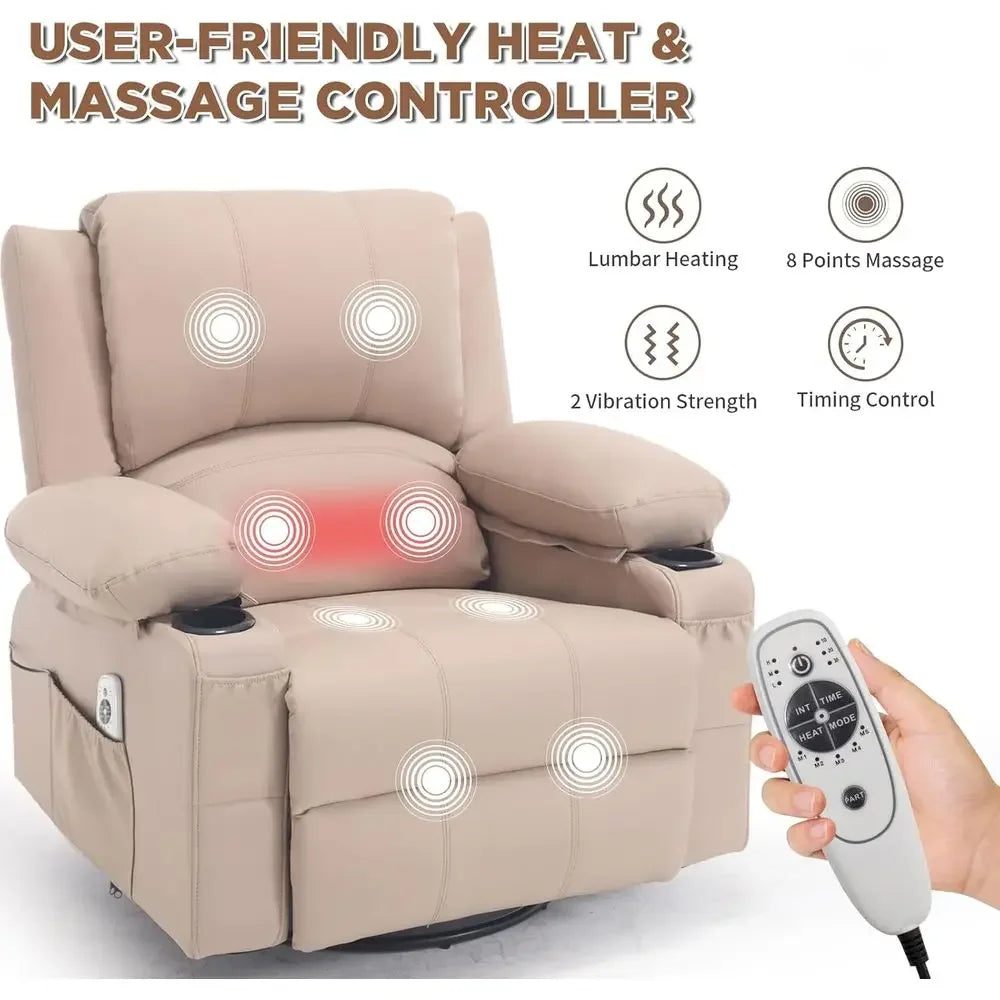 Leather Swivel Rocker Recliner with Heat Massage and Cup Holders, Plush Rocking Glider Chair with Heated Massaging Recline, Beig
