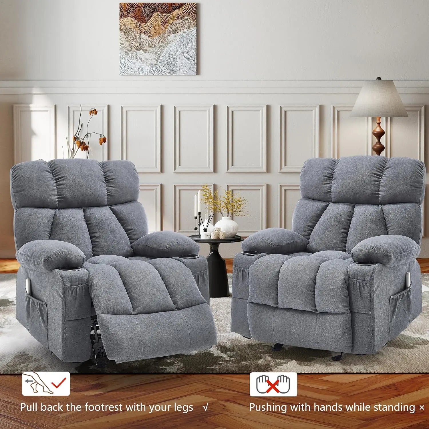 Massage Rocking Recliner with Vibration & Heat, Nursery Lounge Chair with 4 Pockets, 2 Cup Holders & USB Port, Grey, Custom